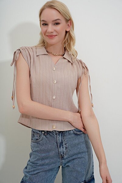 HAKKE Σχοινί ώμου Polo V-Neck Gathered BLUZ