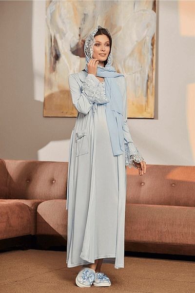 ByLohusa Set cămașă de noapte pentru maternitate cu hijab albastru Mecit cu halat 5417