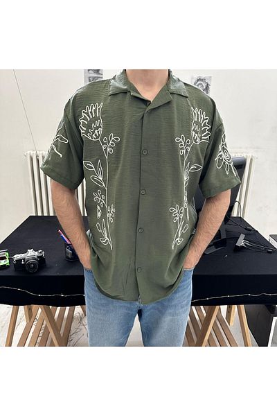 Tarz Cool Men's Linen Shirt - Floral Embroidery, Regular Fit, Short Sleeve