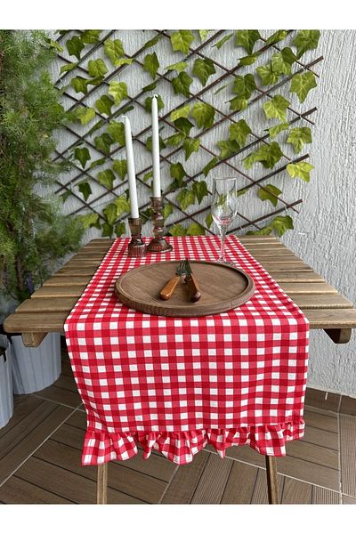 Decamor home Vintage Frilly Gingham Red Runner with Stain Resistant Water Repellent Features