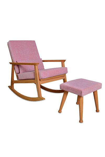 Asedia İskandinav Naturel Pembe Minderli Puflu Sallanan Sandalye Dinlenme Kol...