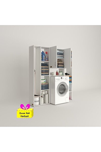 Kenzlife Çamaşır Makinesi Dolabı Veronikamega Byz 180*156*20 Banyo Arkalıksız Raflı+Tekli Duvar Rafı Hediyeli
