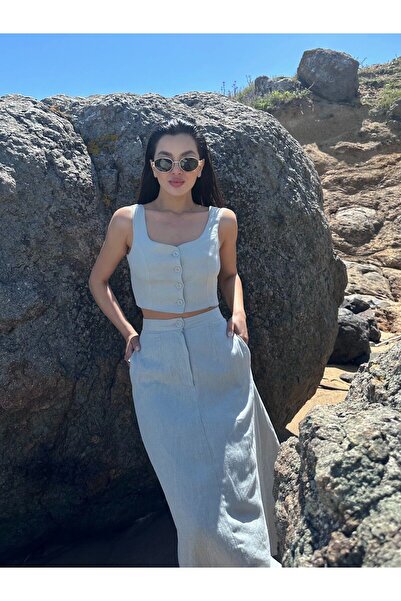 Laluvia Szürke vászon mellény és szoknya szett - 100% pamut, gombos