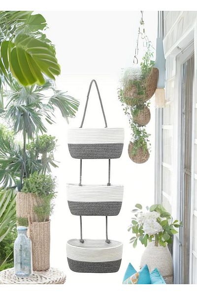 HomeTurko Triple Back Hanging Basket Containing Wicker Jute - Book and Baby Toy Storage, Bath Basket