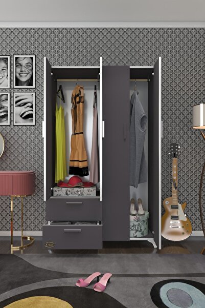 Kenzlife Gardırop 4 Kapaklı Kapılı 2 Çekmeceli Gonca 168*100*42 Gri Ayaklı Ga...