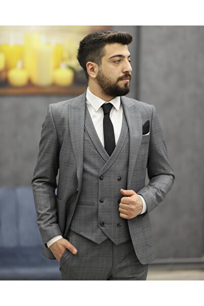 SAVARA 12313 SLİMFİT TORBA CEPLİ YELEKLİ TAKIM ELBİSE(GRİ)