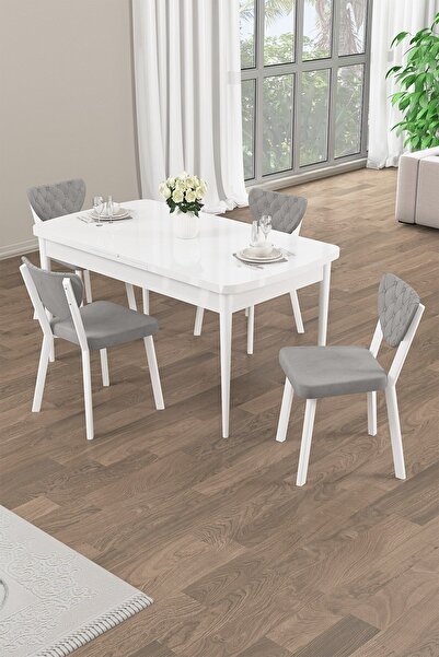 Canisa Rim Serisi 80x132 Açılabilir Beyaz Mutfak Masası Takımı 4 Antrasit Sandalye