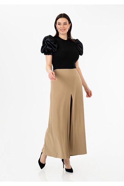 G-Line High Waist A-line Camel Wide Palazzo Trousers - Full Length