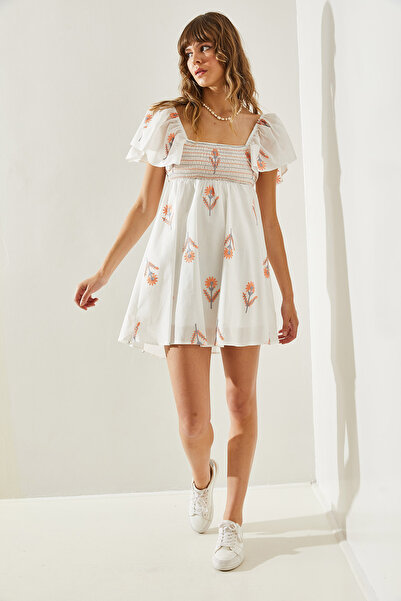 Bianco Lucci Γυναικείο Φόρεμα με Λεπτομέρεια Κεντήματος - Πίσω Γραβάτα 3521160251312