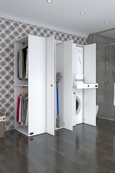 Kenzlife Çamaşır-Kurutma Makinesi Dolabı Ve Giysi Dolabı Çekmeceli Eşari Sol Byz 187*160*60 Banyo