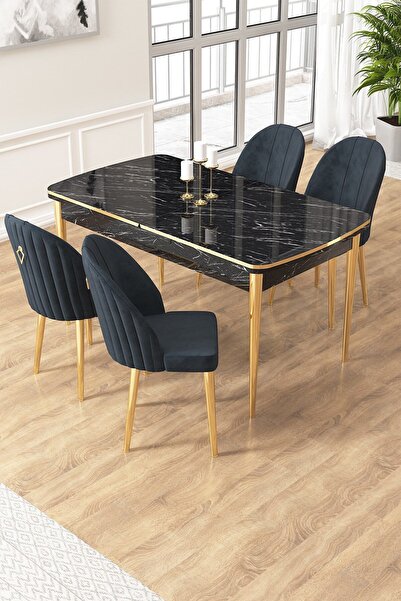 Canisa Edaf Serisi 80x132 Açılabilir Siyah Mermer Desen Masa Takımı 4 Antrasi...