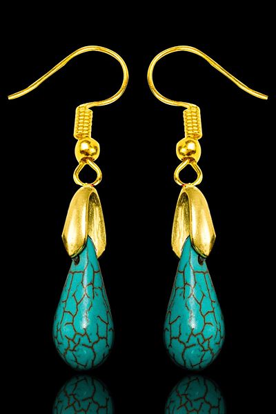 Tesbih Atölyesi Gold Drop Cut Turquoise - Turquoise Stone Necklace and Earring Set, Certified