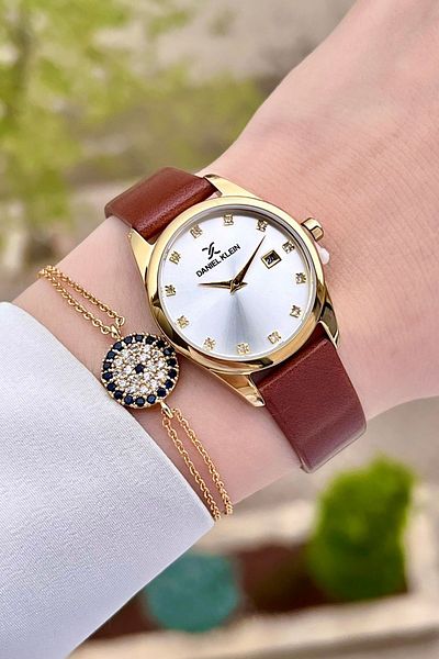Daniel Klein Women's Wrist Watch and Bracelet with Brown Color Adjustable Band Gold Band - Dkgnct1079