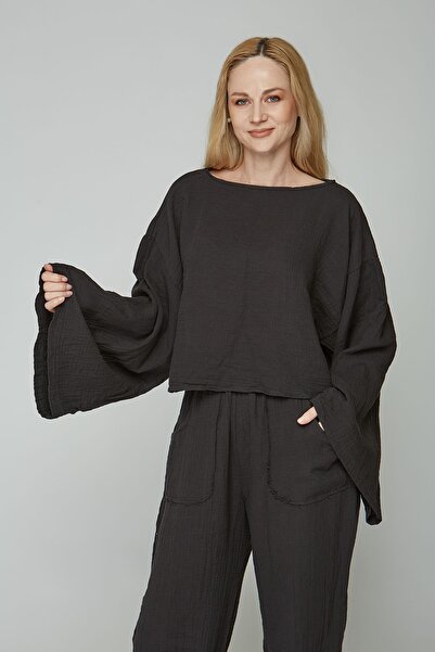 estewoman بلوزة موسلين بأكمام خفاشية من القطن بنسبة 100%