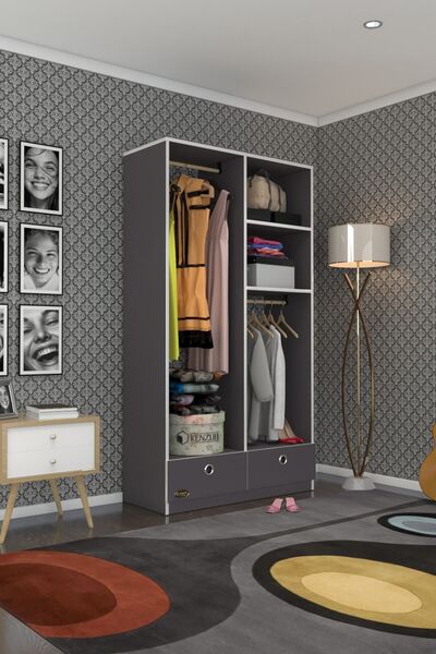 Kenzlife Giysi Dolabı 2 Bölmeli 2 Çekmeceli Bedri 182*100*42 Gri Dolap Kapaksız