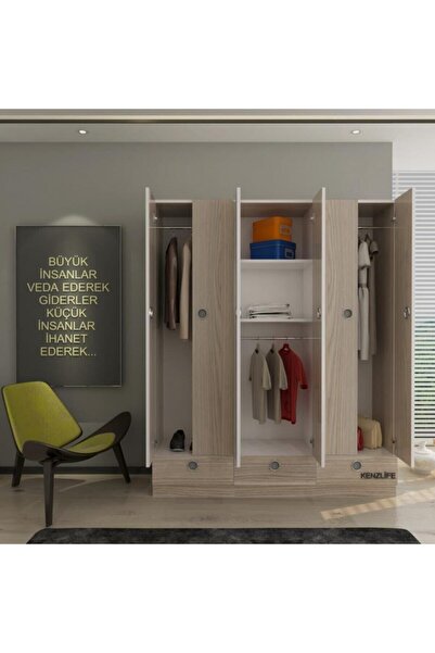 Kenzlife Gardırop 6 Kapılı 3 Çekmeceli Açelya150 Crd Kapaklı Gardolap Dolap