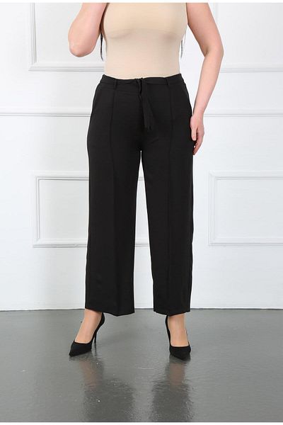 By Alba Collection Women's Black Dumbbell Fabric Belt Detail Elastic Waist Wide Leg Trousers