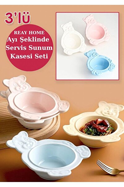 REAY HOME 3'lü Ayı Şeklinde Handmade Seramik Servis Sunum Kasesi Seti Mavi Be...