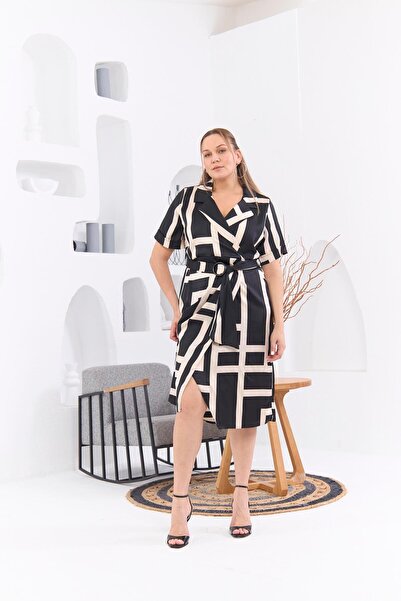 RMG Kemer Detaylı Çizgili Büyük Beden Siyah Elbise