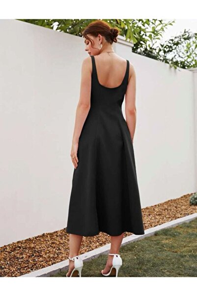 Styling Park Askılı Kare Yaka Midi Boy Elbise