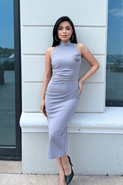 giyimmasalı Crepe Fabric Gather Detailed Zero Sleeve Pencil Dress - GRAY