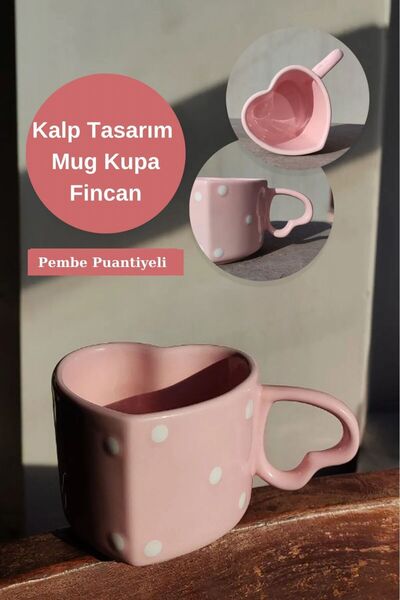 REAY HOME El Yapımı Seramik Pembe Puantiyeli Kalp Tasarım Mug Kupa Fincan Mug...