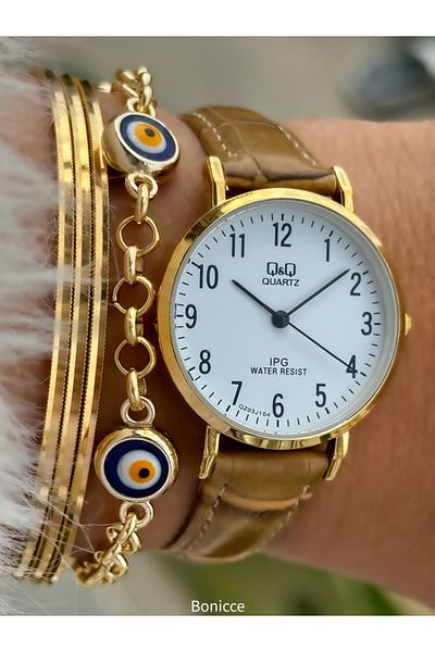 Q&Q Retro Brand - Brown Leather Cord and Yellow Case, Numeral Women's Wristwatch + Bracelet Set