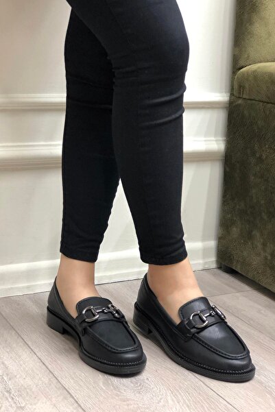 CanBambi Siyah Cilt Ortopedik Taban Kadın Loafer