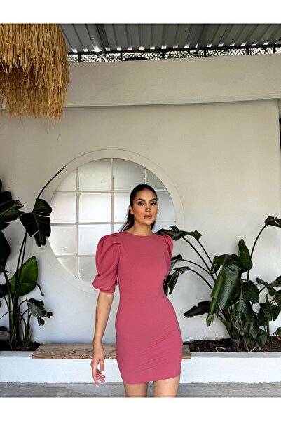 Mekafashion Joanne Karpuz Kol Mini Elbise 582540 GÜL RENGİ