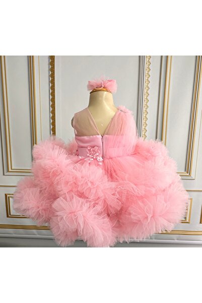 İlknur Karaca Design Pembe fırfırlı çiçekli kız çocuk elbisesi abiye düğün elbisesi