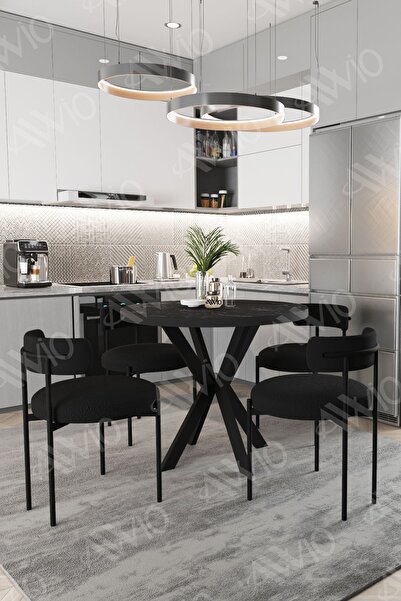 AVVİO Larissa Teddy Sandalye 90x90 Yuvarlak Yemek Masası Mutfak Masası 4 Kişilik Masa Sandalye Takımı