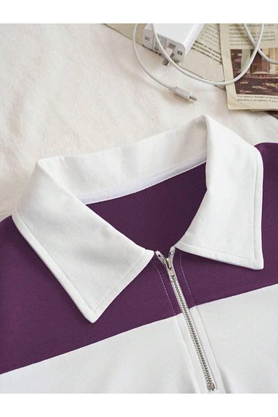 FAVORİST Tricou unisex cu guler polo supradimensionat cu dungi - cu fermoar