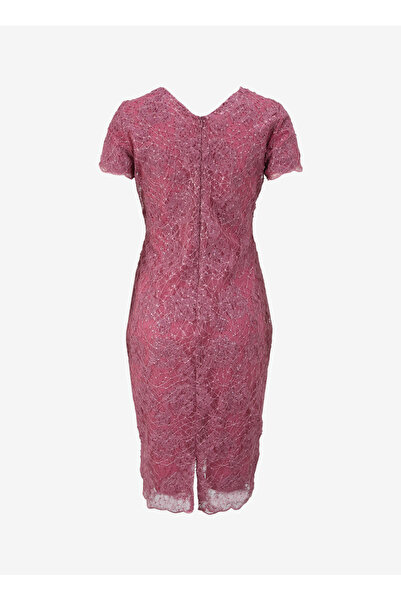 Selen V Yaka Pullu Pembe Standart Kadın Elbise 24YSL7436