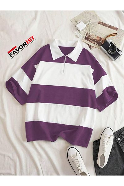 FAVORİST Tricou unisex cu guler polo supradimensionat cu dungi - cu fermoar