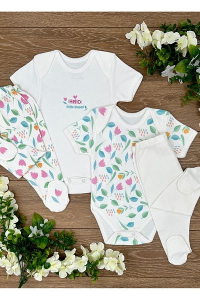 PATSAN 4 Piece Organic Cotton Pajama Set for Baby Girl - Tulip with Snap Fasteners, Badi and Booties