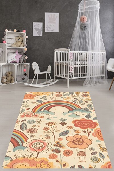 on the clouds Kahverengi Gökkuşağı Ve Çiçekler  Yıkanabilir Kaymaz Taban Leke...