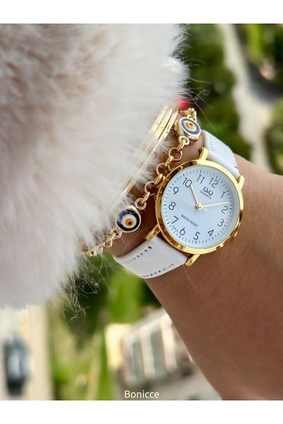 Q&Q Retro White Color, 24 Months Warranty, Waterproof, Leather Strap with Numbers, Women's Wristwatch+Bracelet