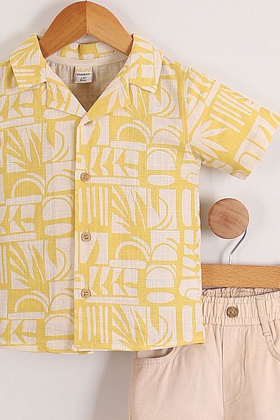 Pollito Yellow Linen Shirt and Cotton Shorts with Geometric Patterns for Boys - Set of 2
