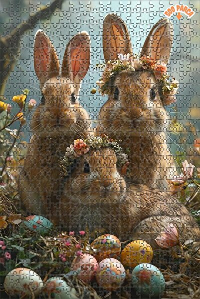 Teona Ahşap Bahar Çiçekleriyle Bezeli Tavşan Ailesi Çift Katlı Çerçeveli Asıl...