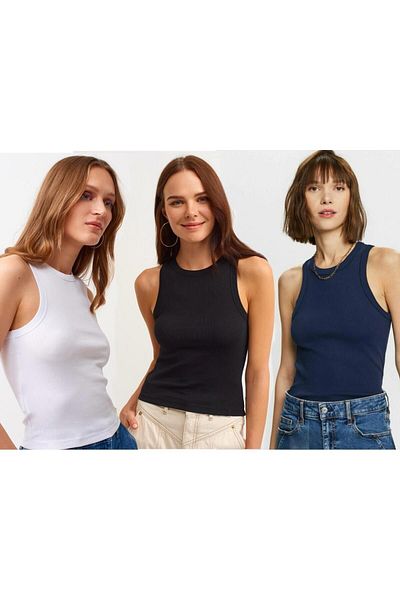 Actiwear Ribbed Halter Collar Knitted Tank Top - 3 Pack T-Shirt