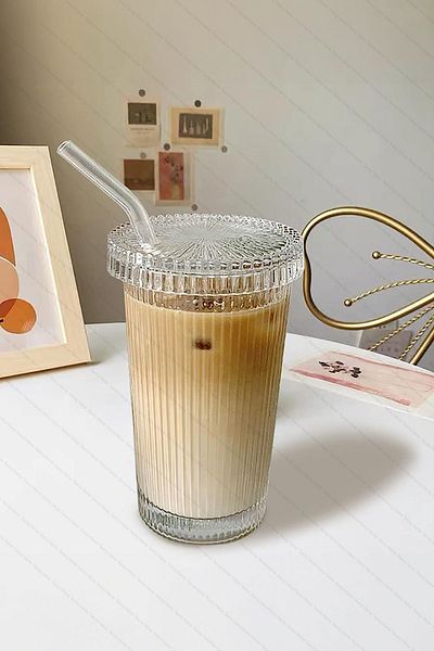 Tawny Coffee Origami Style Glass Cup with Heat Resistant Glass Lid and Glass Straw 1 Piece 400ml