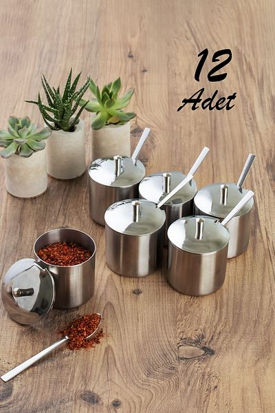 Porsima Elite 12 Piece Stainless Steel Metal Sugar Bowl with Tea Spoon and Lid Desktop Spice Bowl Set