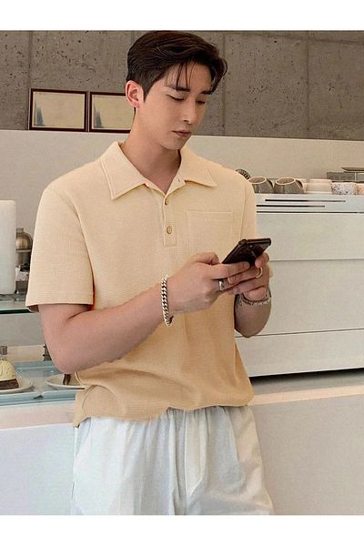 GENIUS STORE Tricou cu guler polo oversize pentru bărbați - cu model Waffle, detaliat cu nasturi