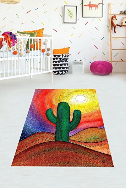 on the clouds Kaktüs Desenli Halı Dijital Baskı Yıkanabilir Kaymaz Taban Çocu...