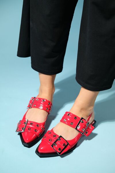 LuviShoes Red Patent Leather Paloma Silver Buckle Women's Sandals