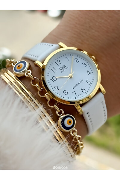 Q&Q Retro White Color, 24 Months Warranty, Waterproof, Leather Strap with Numbers, Women's Wristwatch+Bracelet
