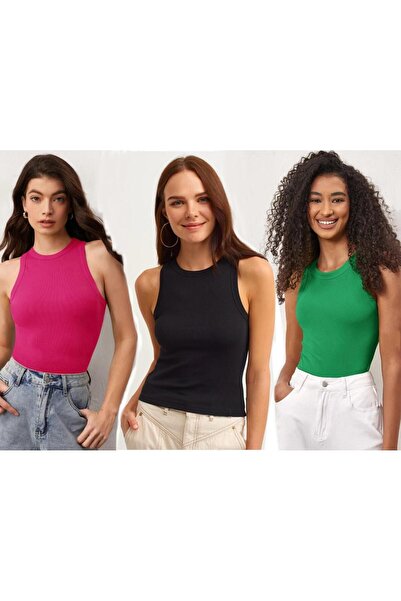 Actiwear Rebrasta pletena potkošulja sa halter izrezom - Paket od 3 majice