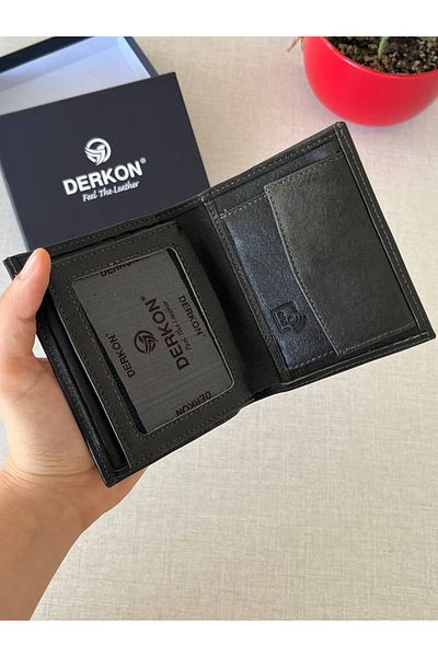 DERKON Green Men's Wallet - Genuine Leather, RFID Protection, Exit from the Inside