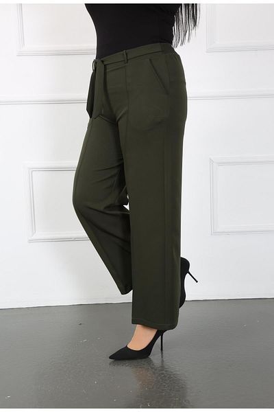 By Alba Collection Women's Khaki Dumbbell Fabric Belt Detail Elastic Waist Wide Leg Trousers