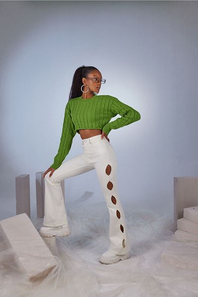 HOLLY LOLLY Crop Model Crew Neck Kötött Merit pulóver zöld